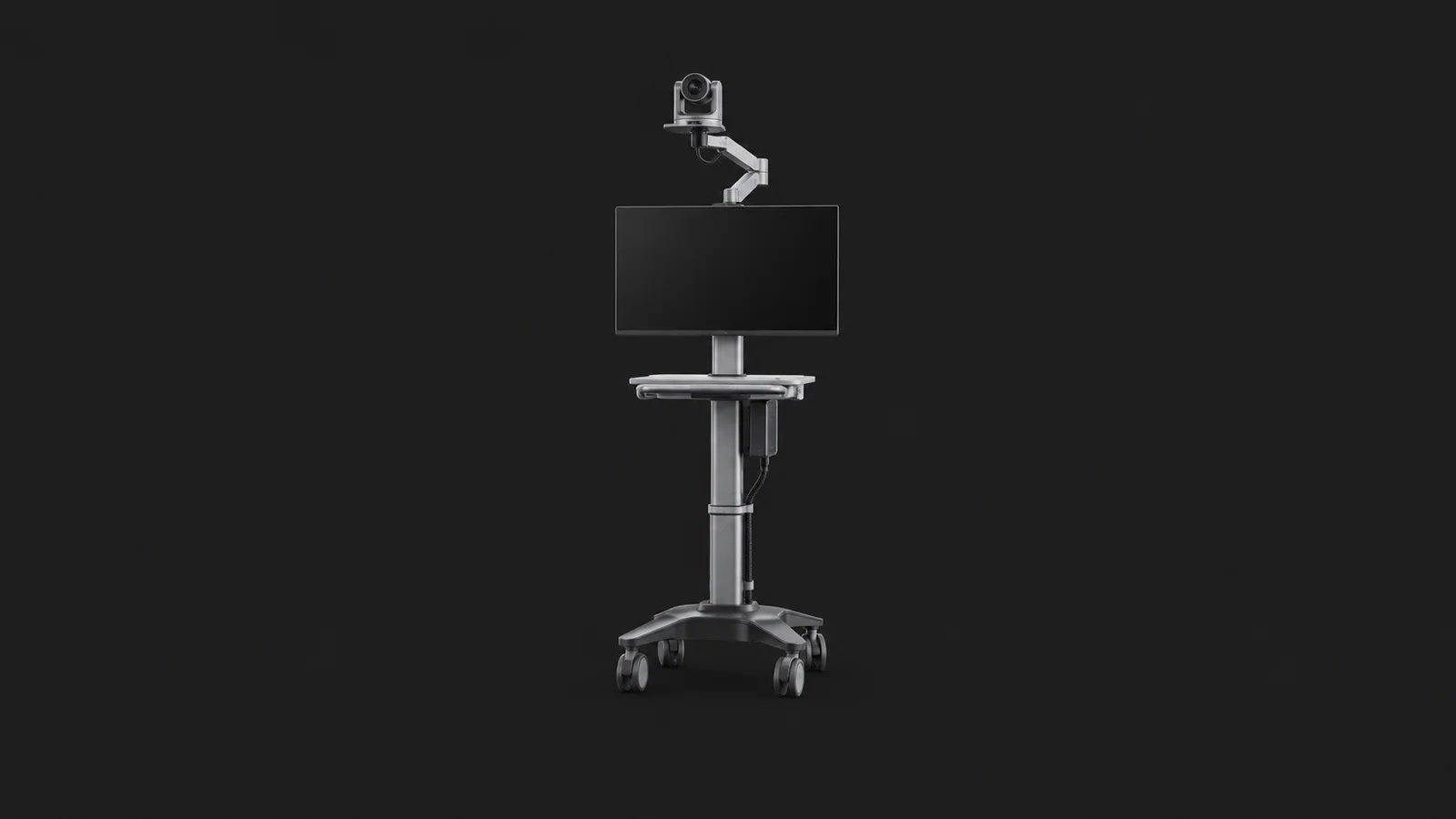 Isolated a telehealth cart with an articulated camera arm and blank mounted screen centred on a seamless deep charcoal near-black studio background, generous empty margin on every side for overlaid branding