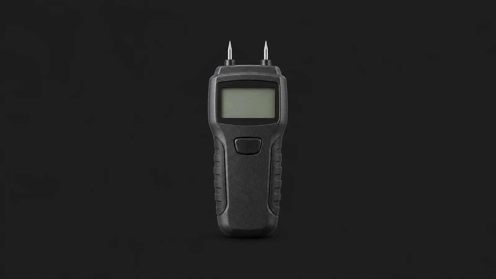 Isolated a moisture meter with two metal probe pins and a blank readout centred on a seamless deep charcoal near-black studio background, generous empty margin on every side for overlaid branding