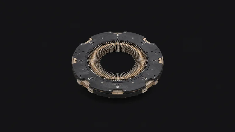 Isolated a wafer-probe card with a ring of fine needles centred on a seamless deep charcoal near-black studio background, generous empty margin on every side for overlaid branding