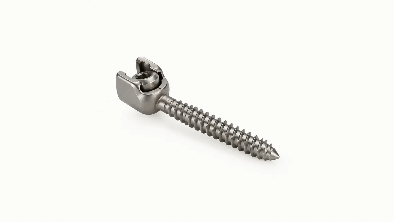 Isolated a titanium pedicle screw with a polyaxial head centred on a seamless pale off-white studio background, generous empty margin on every side for overlaid branding