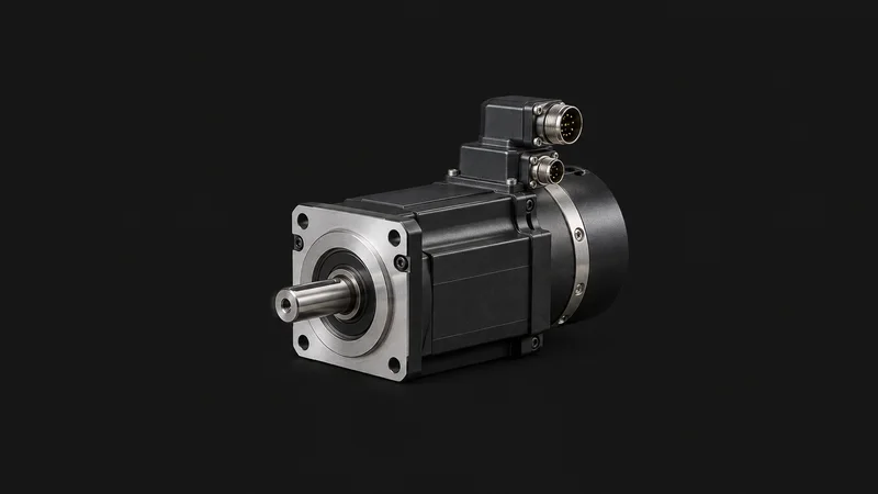 Isolated a servo motor with an absolute encoder cap centred on a seamless deep charcoal near-black studio background, generous empty margin on every side for overlaid branding