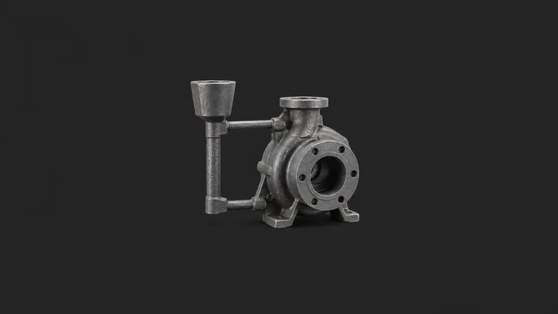 Isolated a ductile-iron casting with its runner still attached centred on a seamless deep charcoal near-black studio background, generous empty margin on every side for overlaid branding