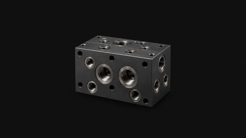 Isolated a hydraulic manifold block with ported faces centred on a seamless deep charcoal near-black studio background, generous empty margin on every side for overlaid branding