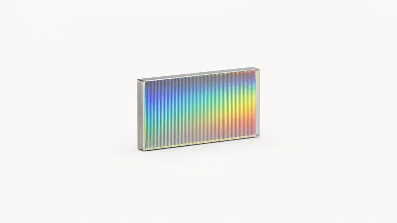 Isolated a diffraction grating with a ruled surface centred on a seamless pale off-white studio background, generous empty margin on every side for overlaid branding