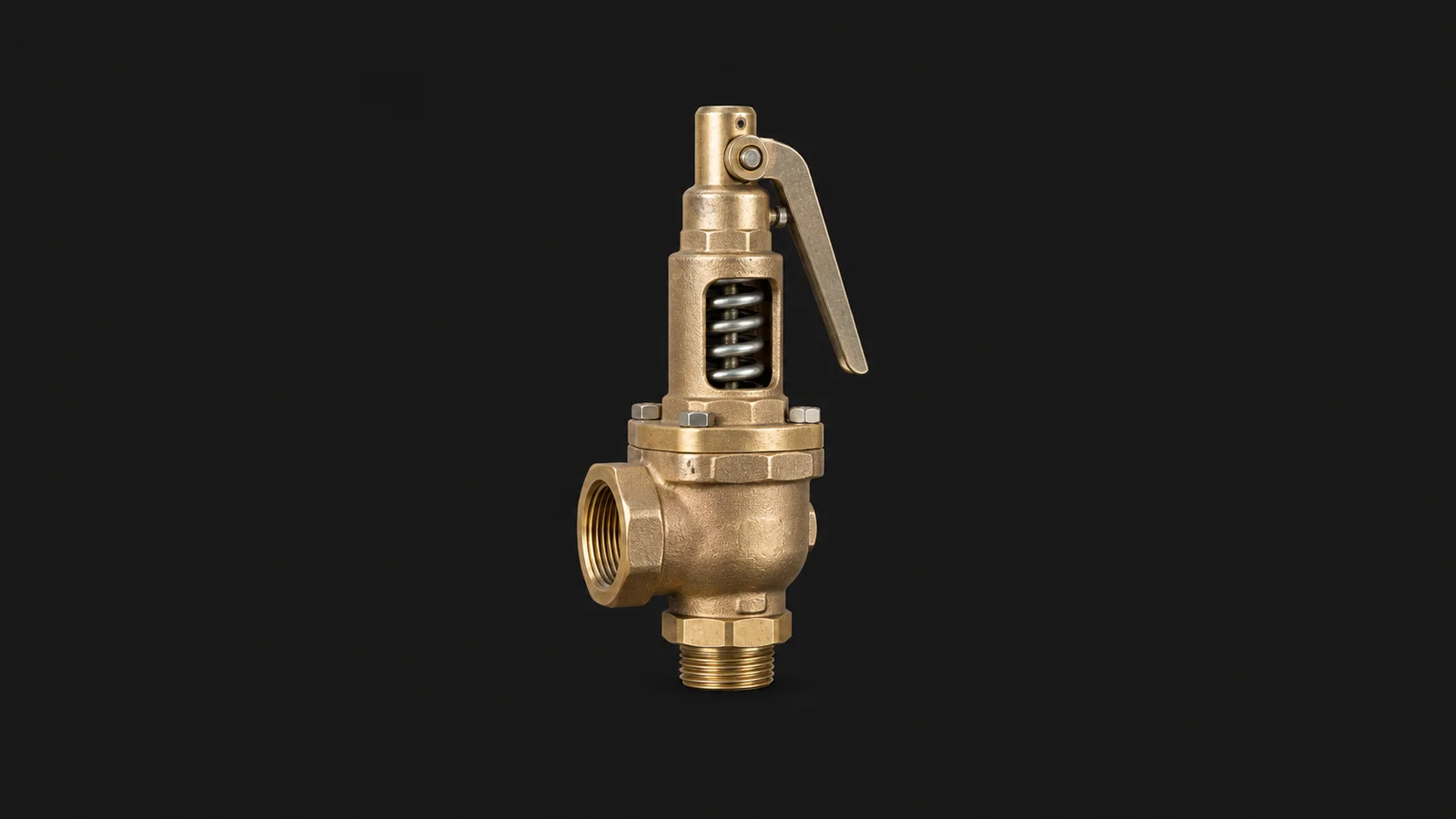 Isolated a pressure-relief valve with a brass body and lifting lever centred on a seamless deep charcoal near-black studio background, generous empty margin on every side for overlaid branding