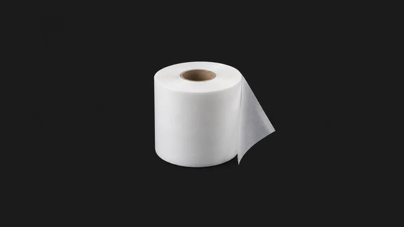 Isolated a roll of white polymer battery separator film centred on a seamless deep charcoal near-black studio background, generous empty margin on every side for overlaid branding