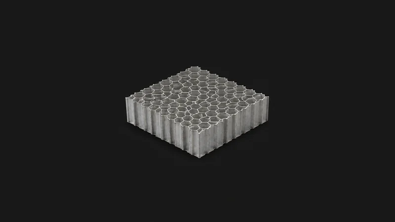 Isolated a honeycomb aluminium core block centred on a seamless deep charcoal near-black studio background, generous empty margin on every side for overlaid branding