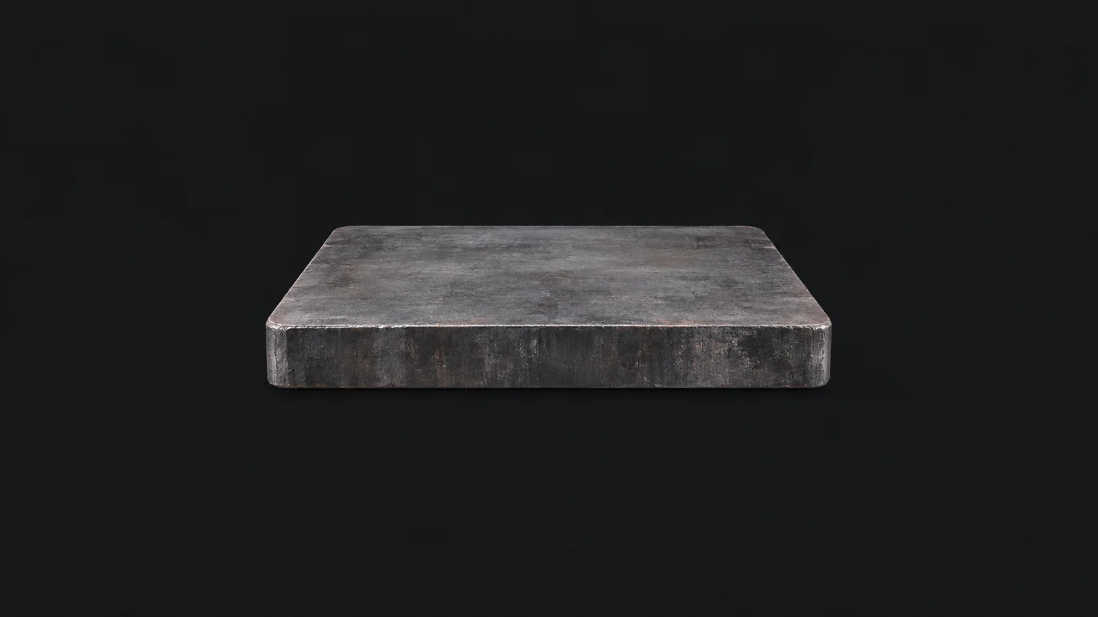 Isolated a slab of continuously cast steel with rounded corners centred on a seamless deep charcoal near-black studio background, generous empty margin on every side for overlaid branding