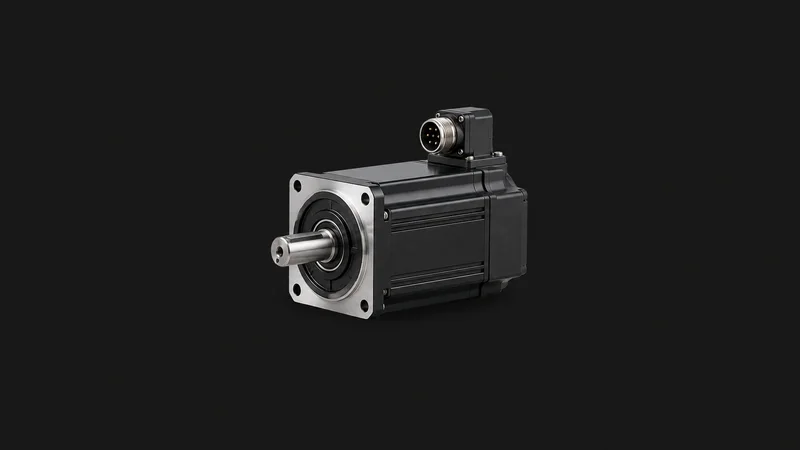 Isolated a servo motor with a keyed output shaft centred on a seamless deep charcoal near-black studio background, generous empty margin on every side for overlaid branding