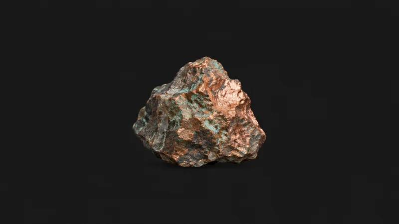 Isolated a sample of copper ore in a jagged chunk centred on a seamless deep charcoal near-black studio background, generous empty margin on every side for overlaid branding