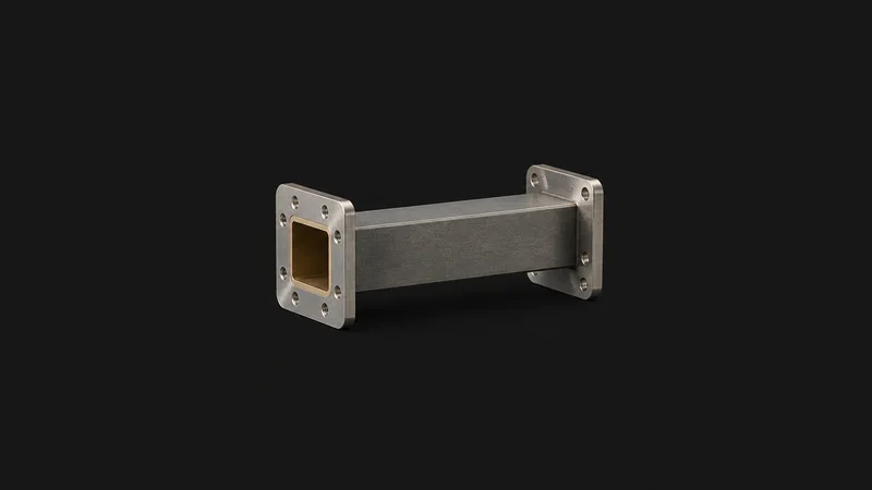 Isolated a radio-frequency waveguide section with flanged ends centred on a seamless deep charcoal near-black studio background, generous empty margin on every side for overlaid branding