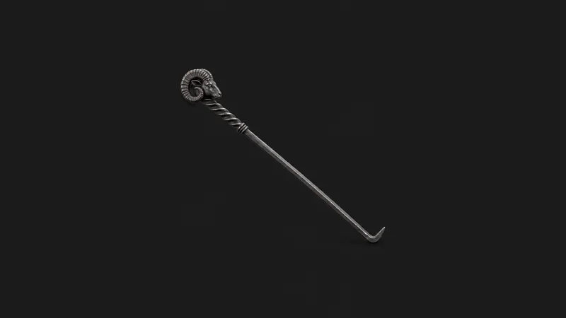 Isolated a forged iron fire poker with a rams-head twisted handle centred on a seamless deep charcoal near-black studio background, generous empty margin on every side for overlaid branding