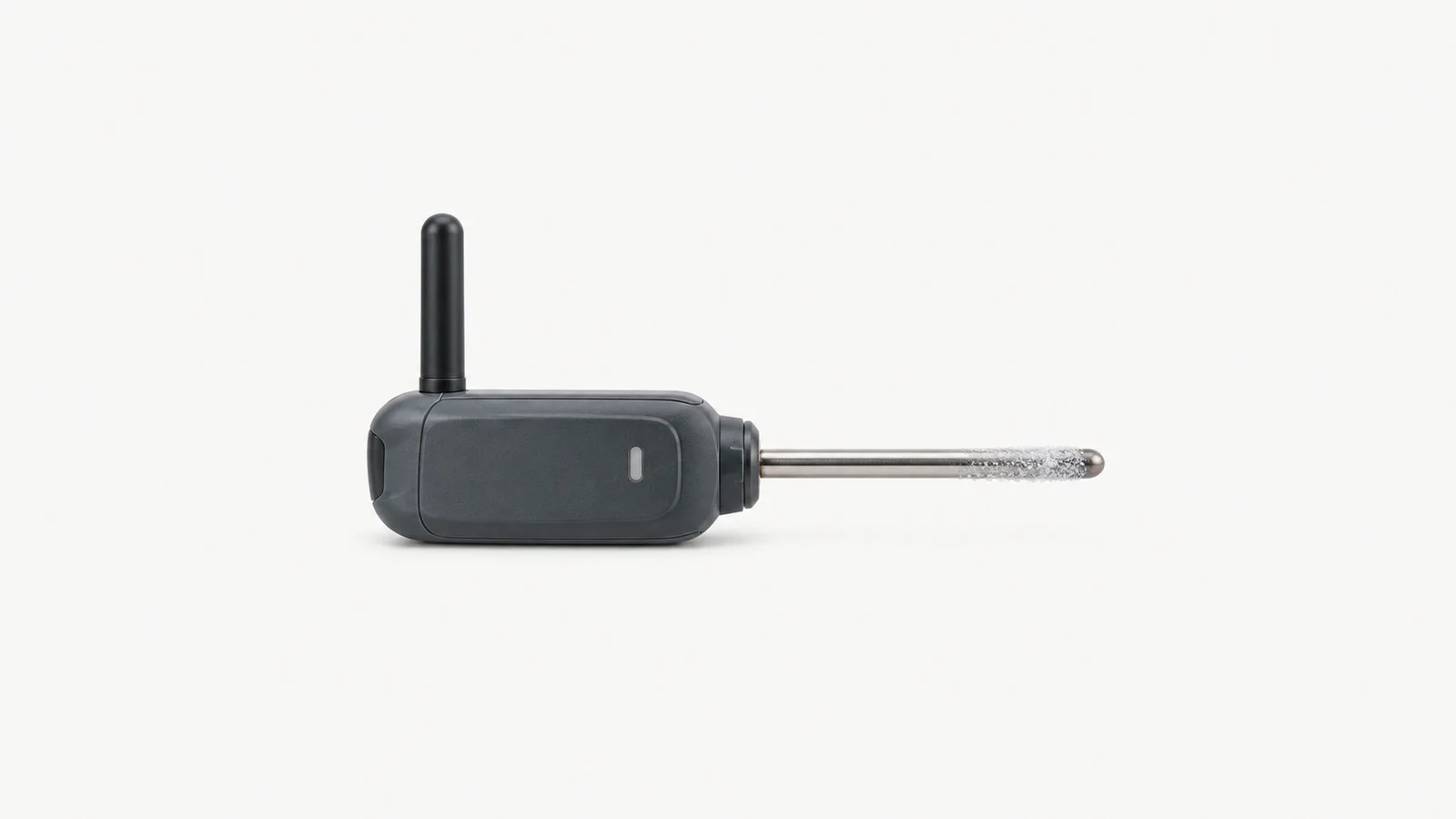 Isolated a wireless cold-chain temperature probe with a frost-crusted sensor tip centred on a seamless pale off-white studio background, generous empty margin on every side for overlaid branding