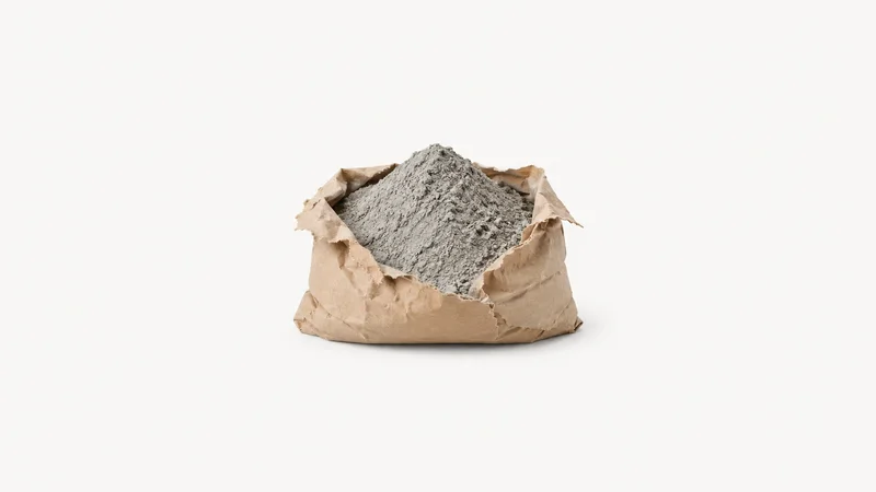 Isolated a bag-shaped heap of grey cement powder on a cracked open paper sack centred on a seamless pale off-white studio background, generous empty margin on every side for overlaid branding