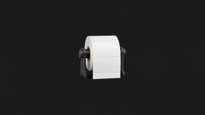 Isolated a single blank thermal address-label roll on a spindle centred on a seamless deep charcoal near-black studio background, generous empty margin on every side for overlaid branding