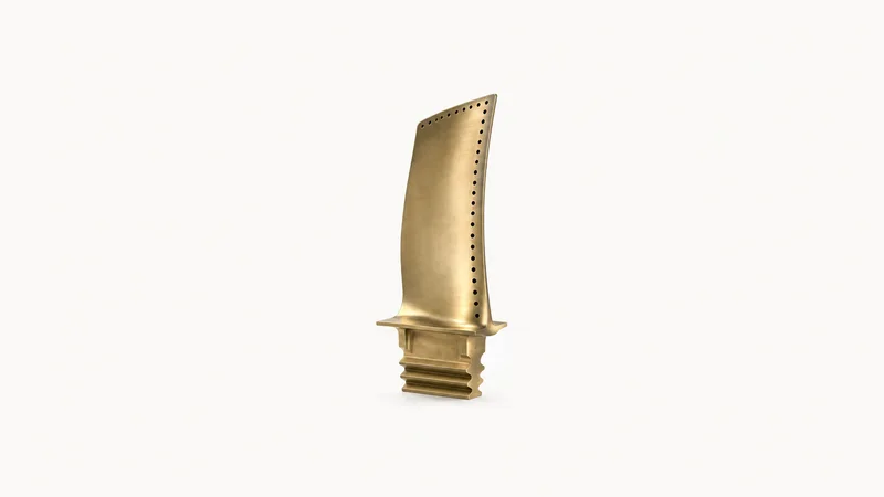 Isolated a brass gas-turbine blade with cooling holes along its edge centred on a seamless pale off-white studio background, generous empty margin on every side for overlaid branding