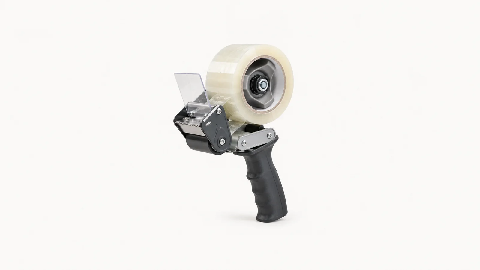 Isolated a hand-held tape gun loaded with clear packing tape centred on a seamless pale off-white studio background, generous empty margin on every side for overlaid branding