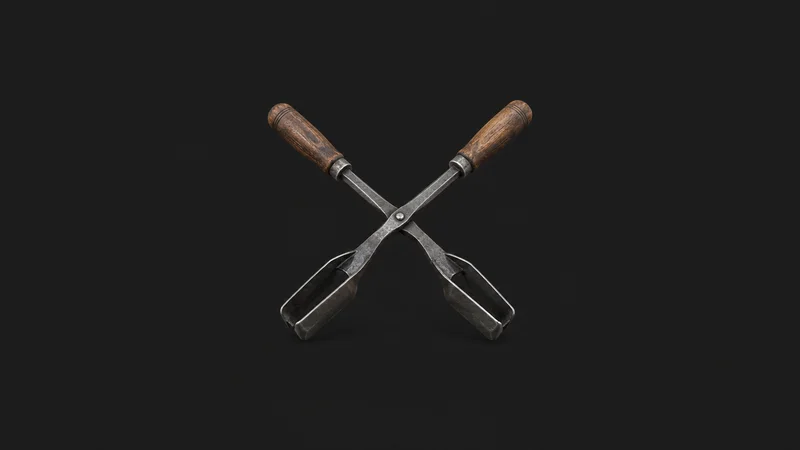 Isolated a pair of steel jacks with wooden handles laid crossed centred on a seamless deep charcoal near-black studio background, generous empty margin on every side for overlaid branding