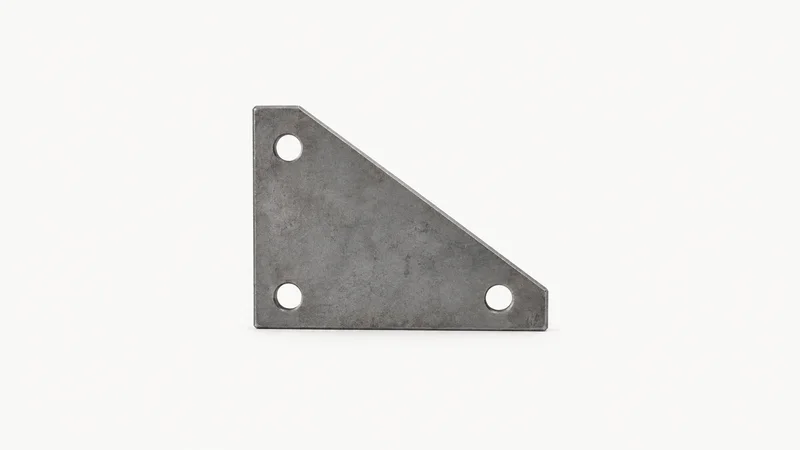 Isolated a plasma-cut steel gusset plate with dross removed centred on a seamless pale off-white studio background, generous empty margin on every side for overlaid branding