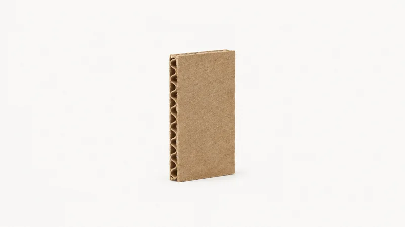 Isolated a corrugated board edge-crush test specimen centred on a seamless pale off-white studio background, generous empty margin on every side for overlaid branding