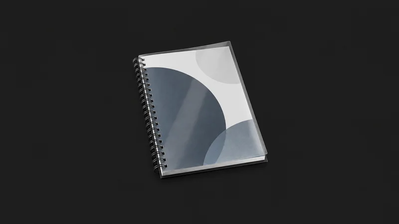 Isolated a wire-bound report with a clear acetate cover centred on a seamless deep charcoal near-black studio background, generous empty margin on every side for overlaid branding