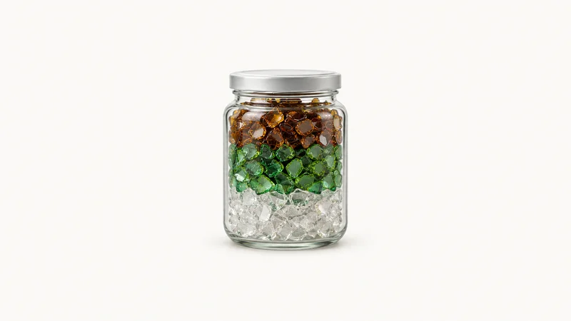 Isolated a sample jar of colour-sorted glass cullet centred on a seamless pale off-white studio background, generous empty margin on every side for overlaid branding