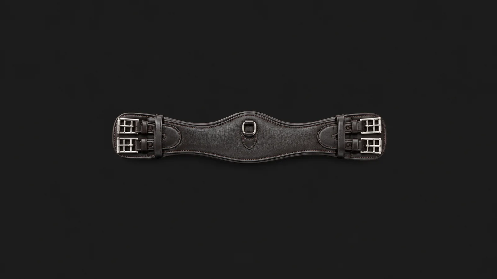 Isolated a leather girth with roller buckles centred on a seamless deep charcoal near-black studio background, generous empty margin on every side for overlaid branding