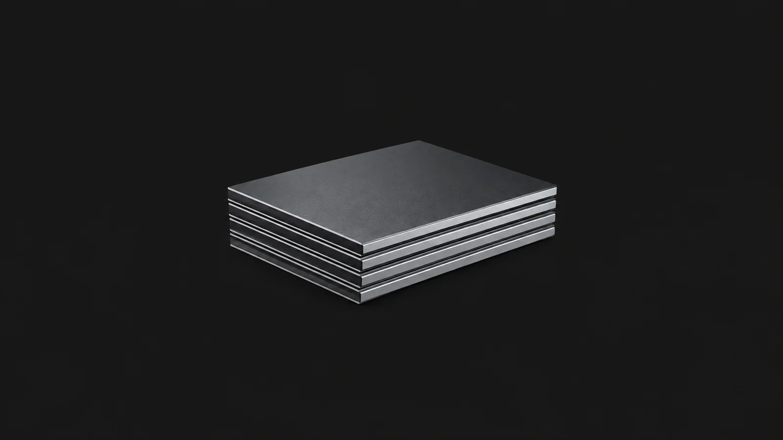 Isolated a stack of aluminium composite panels centred on a seamless deep charcoal near-black studio background, generous empty margin on every side for overlaid branding