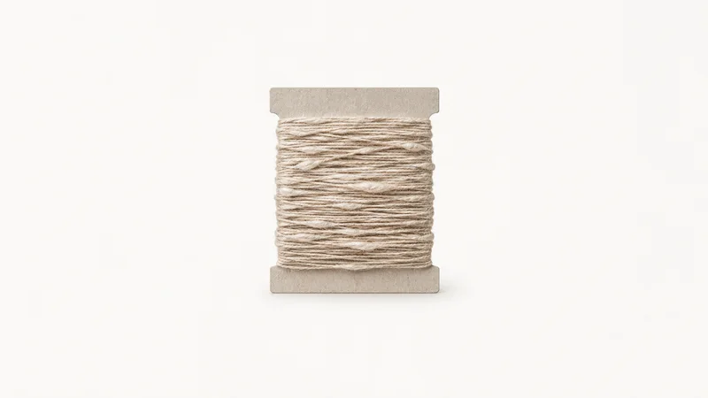Isolated a card of undyed slubbed linen yarn centred on a seamless pale off-white studio background, generous empty margin on every side for overlaid branding