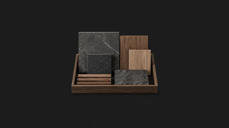Isolated a stone and timber material sample set in a tray centred on a seamless deep charcoal near-black studio background, generous empty margin on every side for overlaid branding