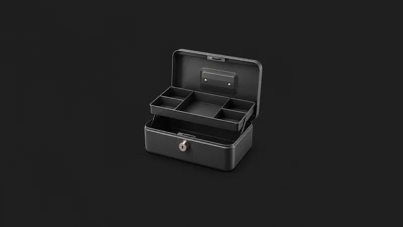 Isolated a petty-cash tin with a lift-out tray centred on a seamless deep charcoal near-black studio background, generous empty margin on every side for overlaid branding