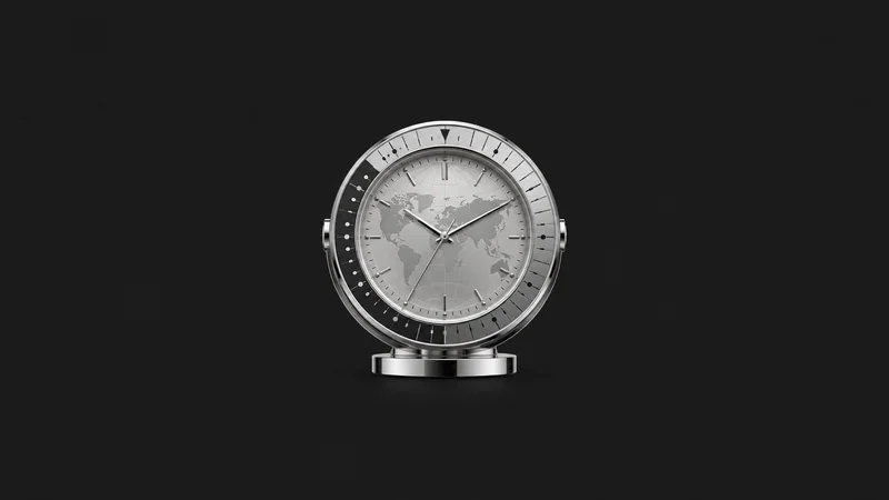 Isolated a chrome desk clock with a world-time bezel centred on a seamless deep charcoal near-black studio background, generous empty margin on every side for overlaid branding