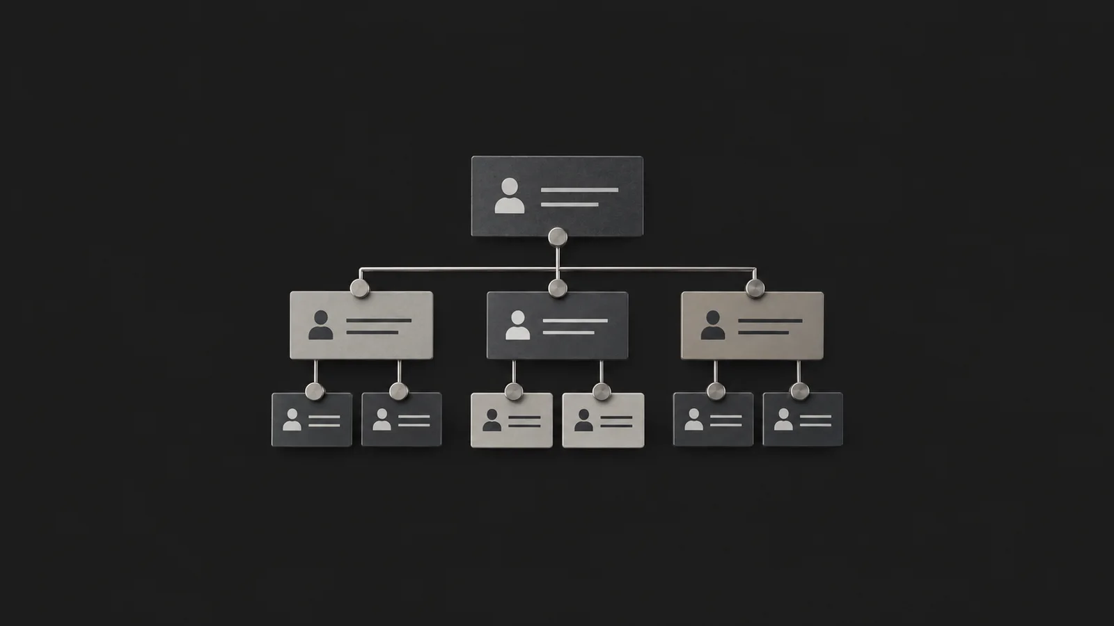 Isolated a set of magnetic org-chart name tiles centred on a seamless deep charcoal near-black studio background, generous empty margin on every side for overlaid branding