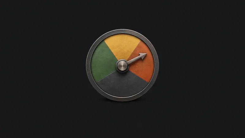 Isolated a sectioned risk-rating wheel with a rotating arrow centred on a seamless deep charcoal near-black studio background, generous empty margin on every side for overlaid branding