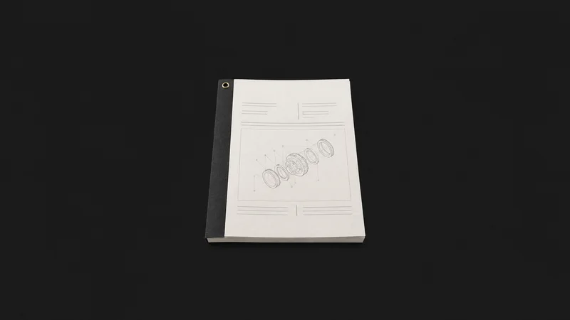Isolated a bound patent-style booklet with a corner grommet centred on a seamless deep charcoal near-black studio background, generous empty margin on every side for overlaid branding