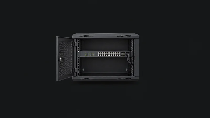 Isolated a wall-mount cabinet holding a single network switch centred on a seamless deep charcoal near-black studio background, generous empty margin on every side for overlaid branding