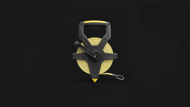 Isolated a fibreglass surveyor's tape on an open-frame reel centred on a seamless deep charcoal near-black studio background, generous empty margin on every side for overlaid branding