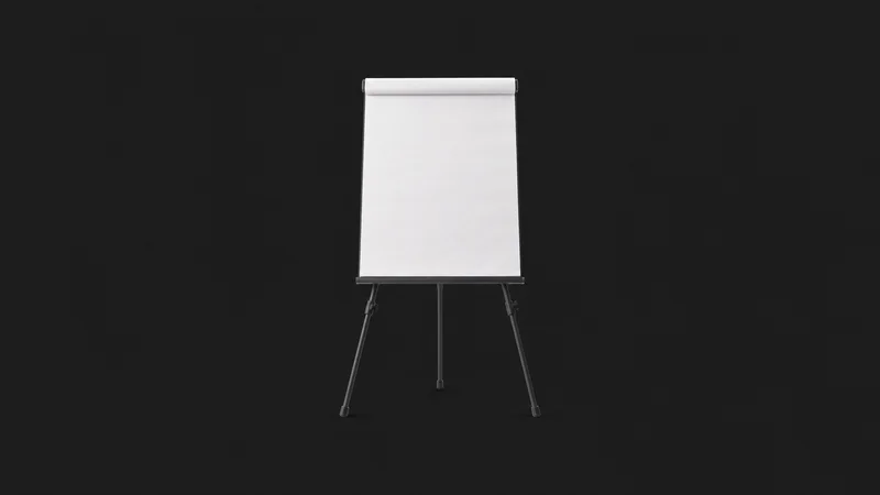 Isolated a bound blank flip-chart pad on a tripod easel centred on a seamless deep charcoal near-black studio background, generous empty margin on every side for overlaid branding