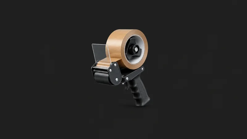 Isolated a roll of brown packing tape in a hand-held tape gun centred on a seamless deep charcoal near-black studio background, generous empty margin on every side for overlaid branding