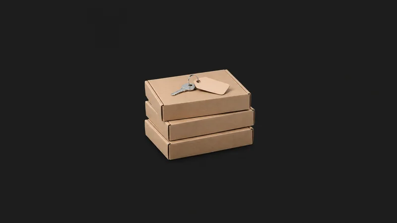 Isolated a stack of cardboard tenant welcome packs with a key tag on top centred on a seamless deep charcoal near-black studio background, generous empty margin on every side for overlaid branding