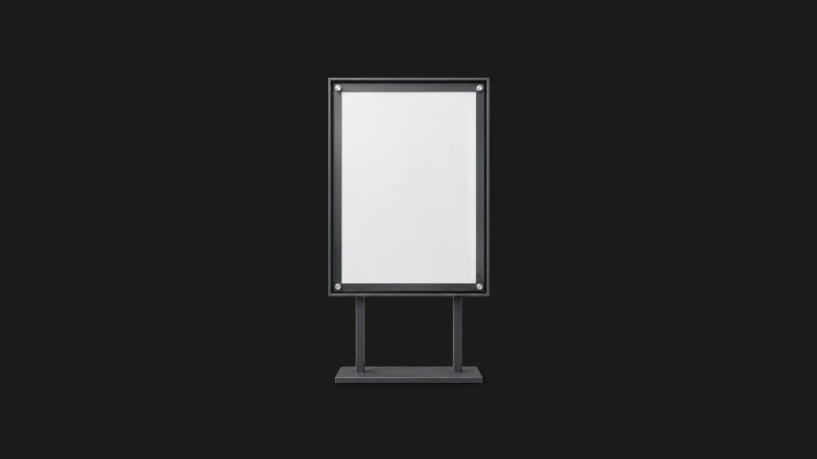 Isolated a blank estate-agency window display frame on a stand centred on a seamless deep charcoal near-black studio background, generous empty margin on every side for overlaid branding
