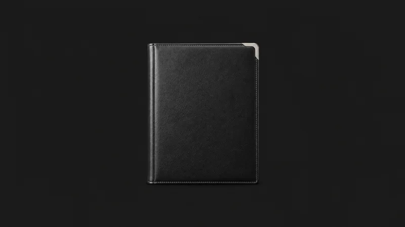 Isolated a black leather private banking folder with a silver corner centred on a seamless deep charcoal near-black studio background, generous empty margin on every side for overlaid branding