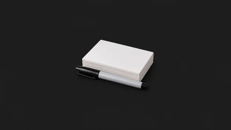 Isolated a stack of blank index cards with a marker pen centred on a seamless deep charcoal near-black studio background, generous empty margin on every side for overlaid branding
