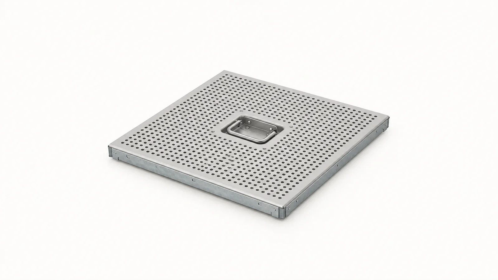 Isolated a perforated raised-floor tile with a lifting handle centred on a seamless pale off-white studio background, generous empty margin on every side for overlaid branding
