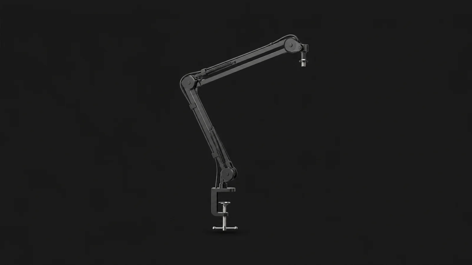 Isolated a desktop microphone arm with a clamp base centred on a seamless deep charcoal near-black studio background, generous empty margin on every side for overlaid branding