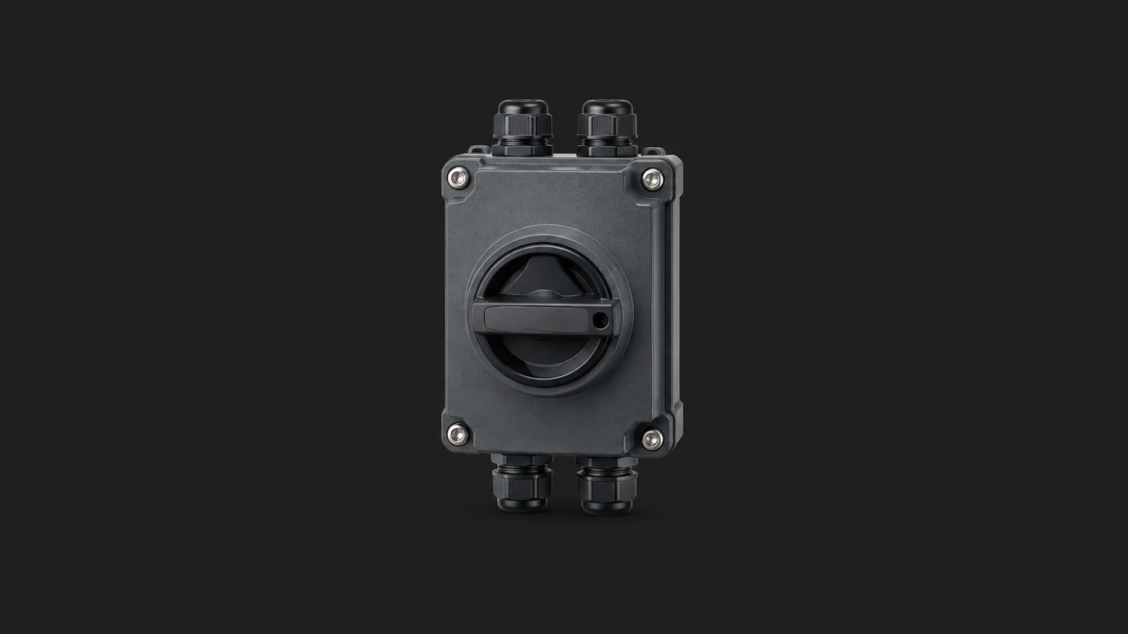 Isolated a DC isolator switch in a weatherproof housing centred on a seamless deep charcoal near-black studio background, generous empty margin on every side for overlaid branding