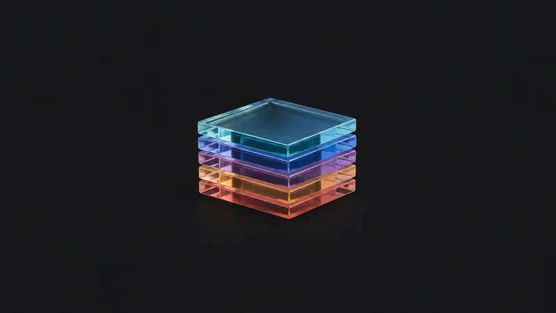 Isolated a set of tinted acrylic colour tiles stacked in a gradient centred on a seamless deep charcoal near-black studio background, generous empty margin on every side for overlaid branding