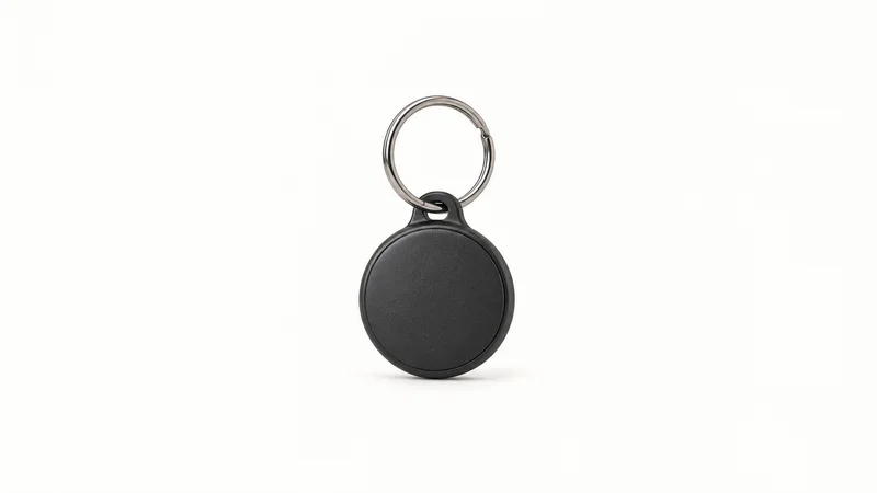 Isolated a coin-sized NFC payment fob on a steel ring centred on a seamless pale off-white studio background, generous empty margin on every side for overlaid branding