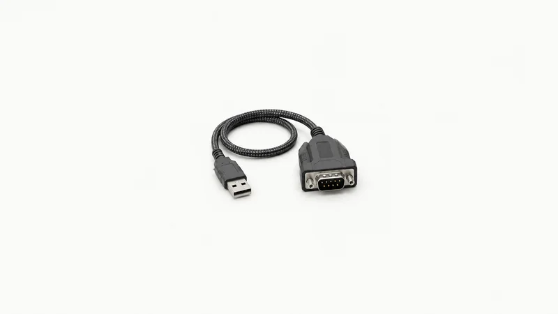 Isolated a rugged serial-console adapter with a braided lead centred on a seamless pale off-white studio background, generous empty margin on every side for overlaid branding