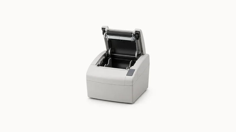 Isolated a desktop receipt printer with the cover open centred on a seamless pale off-white studio background, generous empty margin on every side for overlaid branding